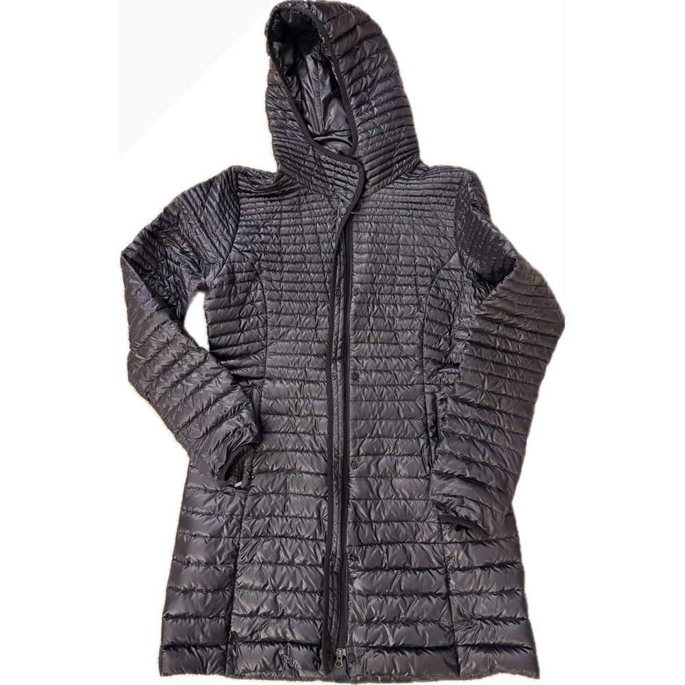 Patagonia Fiona Black Down Hooded ultra light puffer jacket Womens Large Long